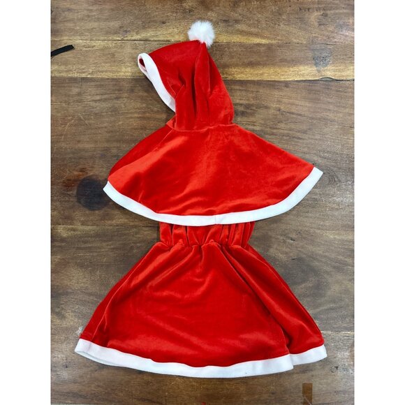 Santa Inspired Christmas Dress W/ White Trim & Pom-Pom Hood For Toddler 2 Piece - Picture 3 of 9